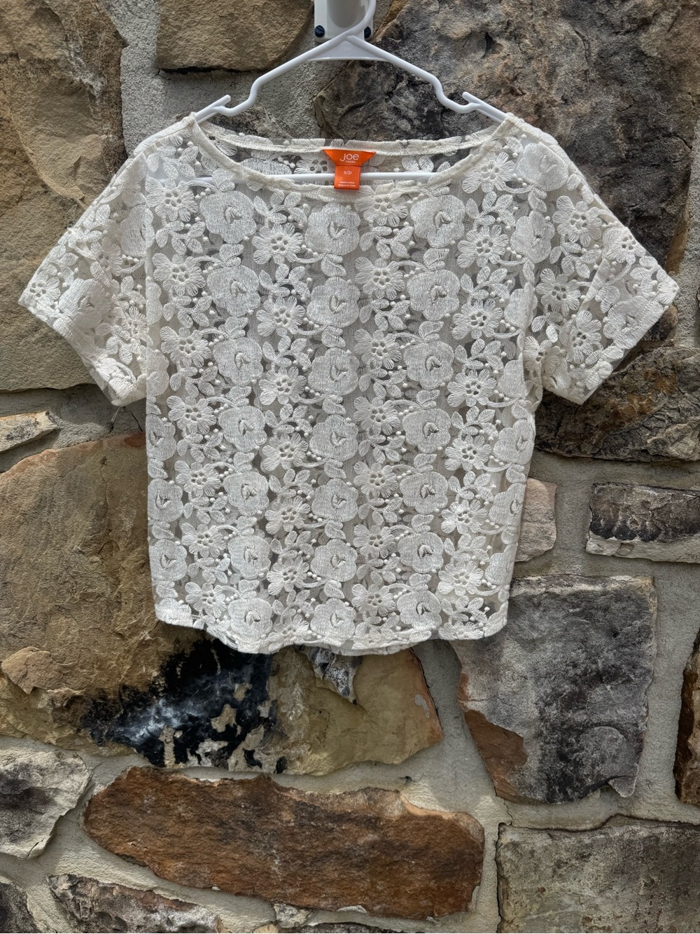 Joe Fresh Sheer White Cream Floral Lace Short-Sleeve Cropped Blouse Small Lace